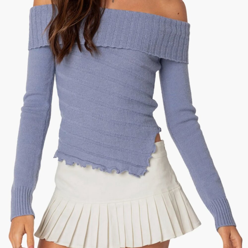 edikted sonya foldover off the shoulder sweater in blue